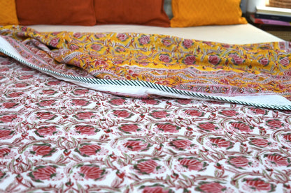 Pink bloom on yellow handblock printed pure mulmul dohar