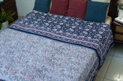 Pink on blue bloom handblock printed pure mulmul dohar