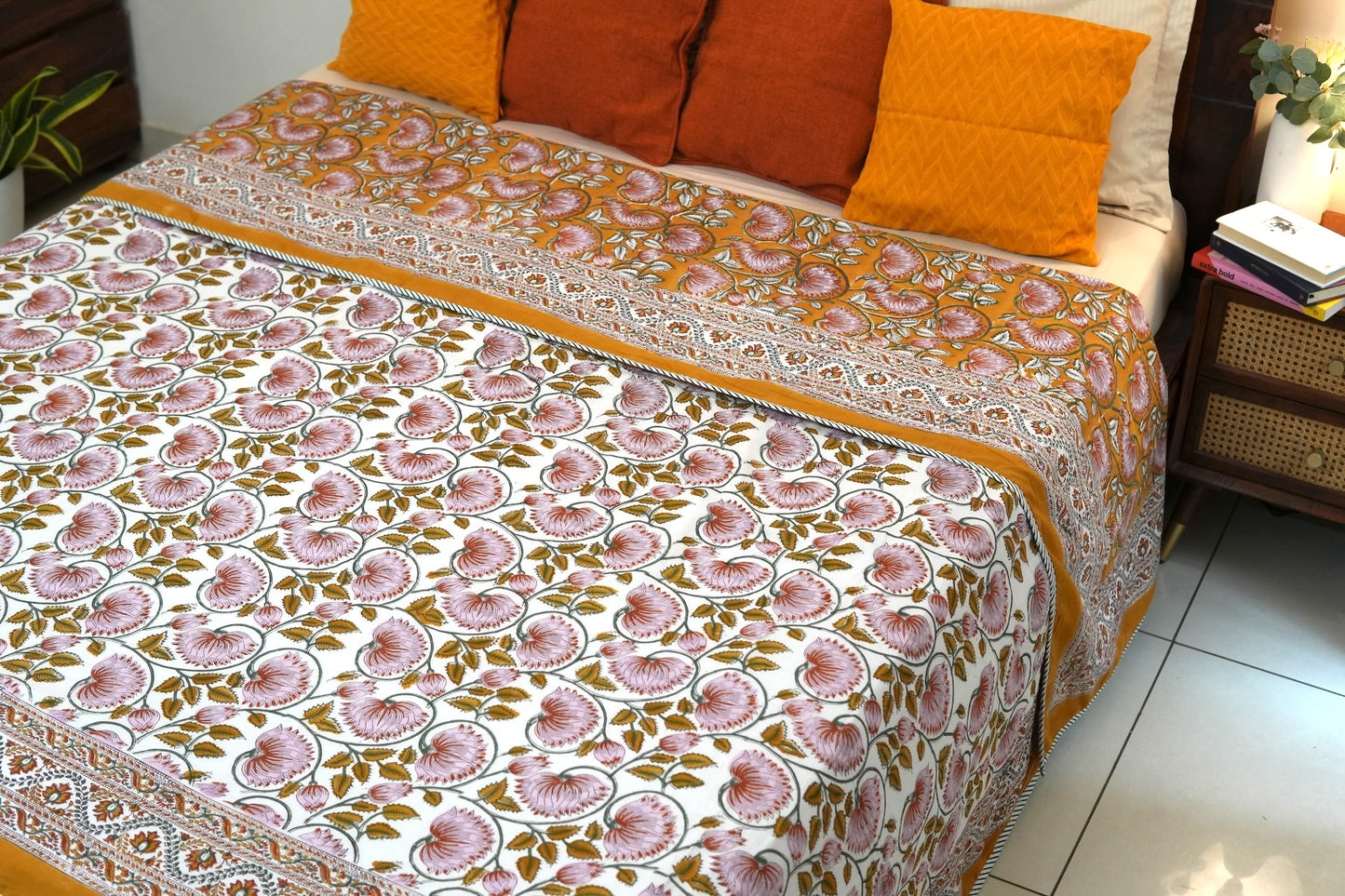 Lotus on mustard handblock printed pure mulmul dohar