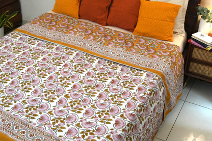 Lotus on mustard handblock printed pure mulmul dohar