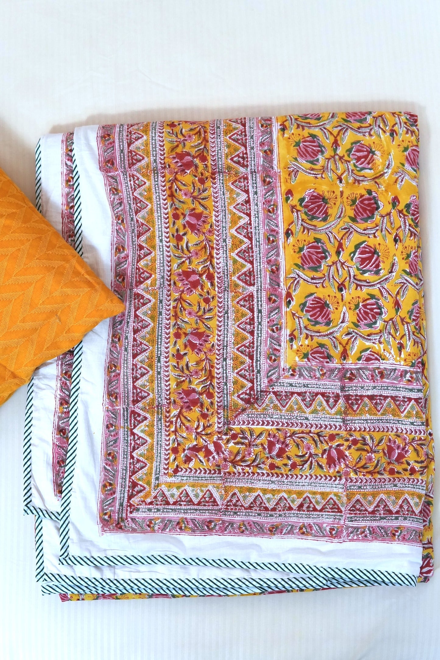Pink bloom on yellow handblock printed pure mulmul dohar