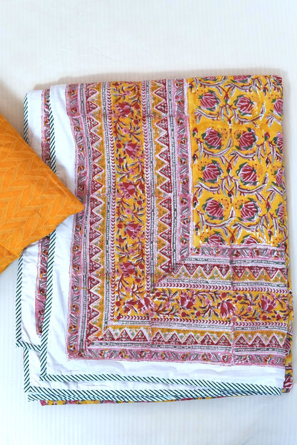 Pink bloom on yellow handblock printed pure mulmul dohar