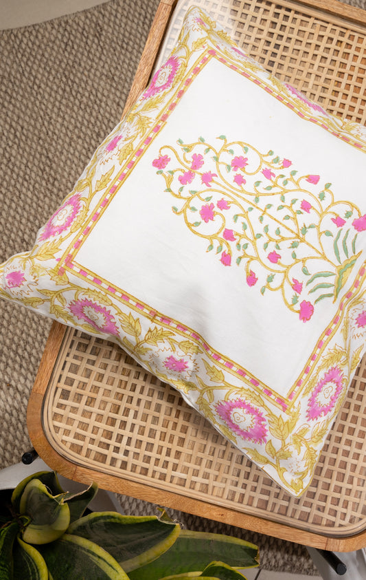 Pink florals - Cushion cover in handblock print