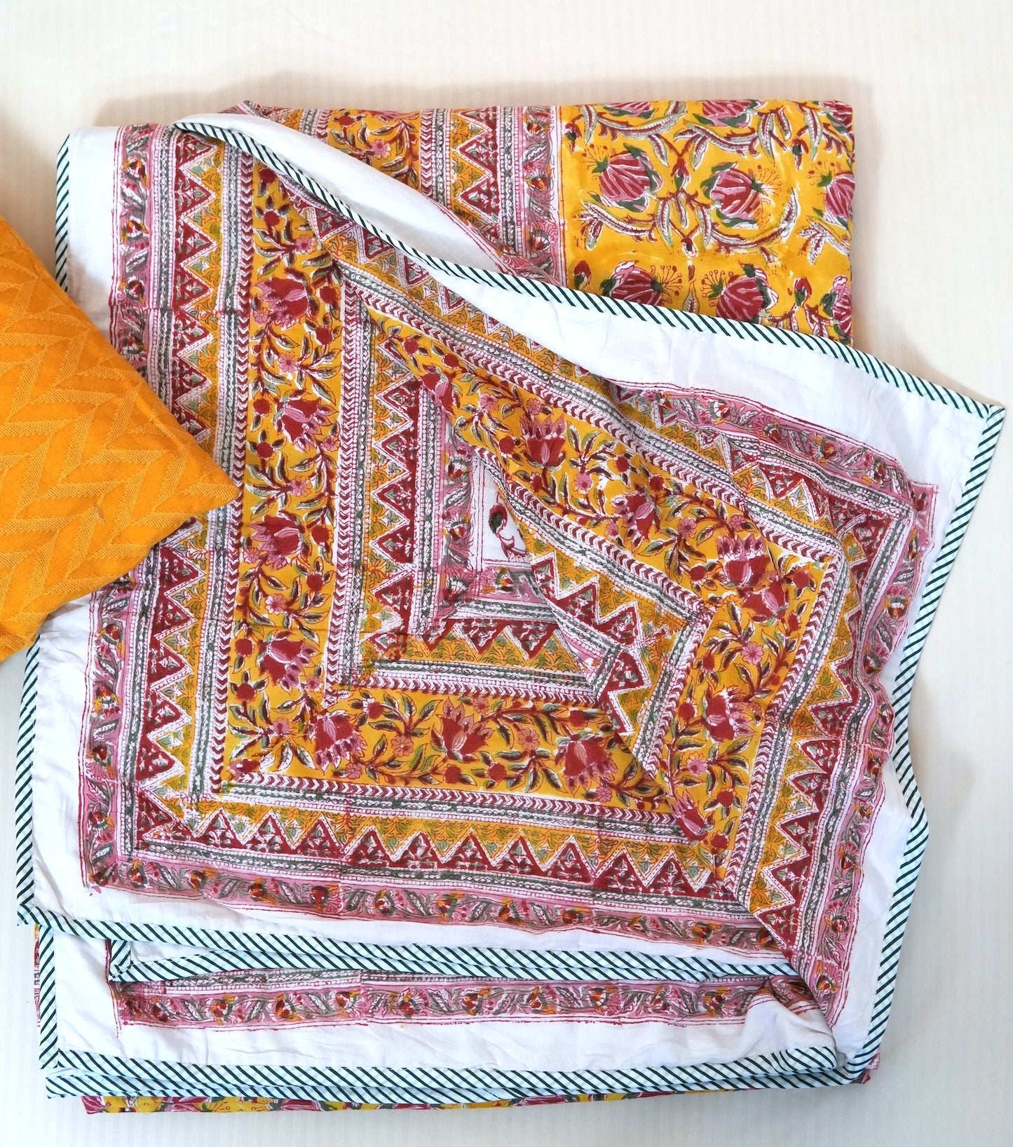 Pink bloom on yellow handblock printed pure mulmul dohar