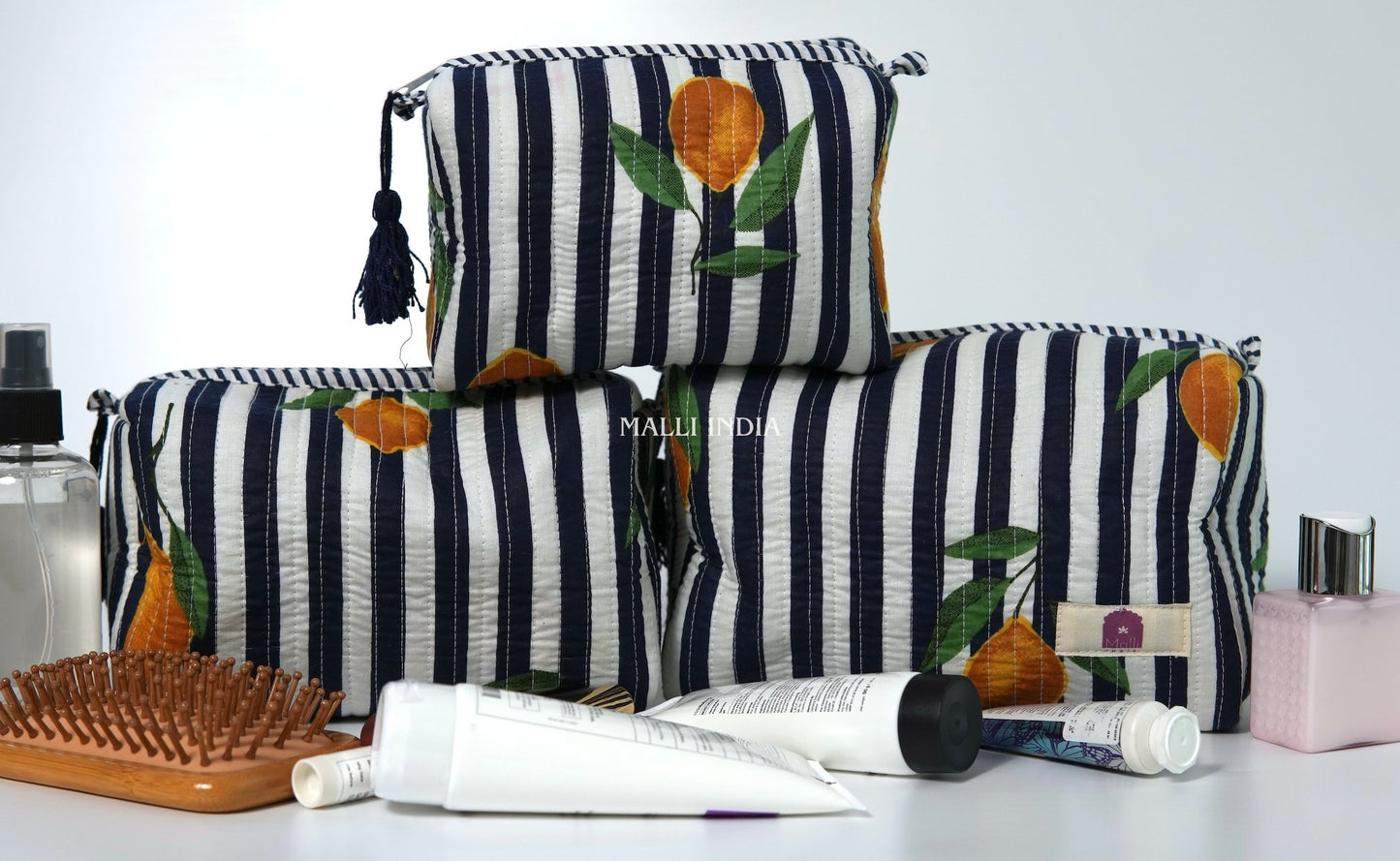 Set of 3 Vanity Pouches - Lemons on dark blue stripes