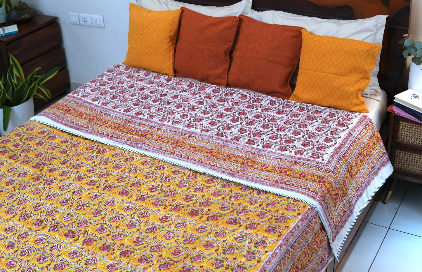 Pink bloom on yellow handblock printed pure mulmul dohar