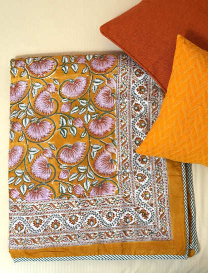 Lotus on mustard handblock printed pure mulmul dohar