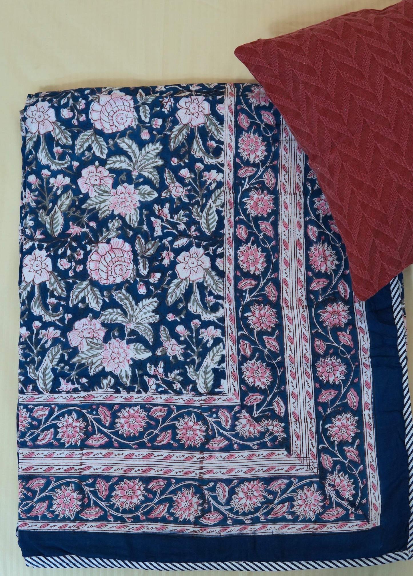 Pink on blue bloom handblock printed pure mulmul dohar