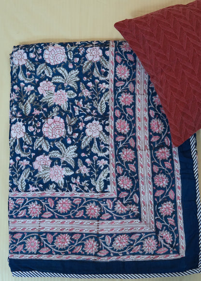 Pink on blue bloom handblock printed pure mulmul dohar