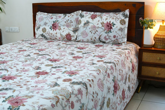 Pastel pink florals in overall print (Anokhi Print) - Pure cotton King / Queen size double bedsheet