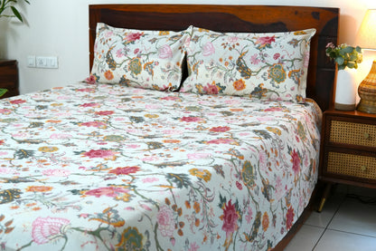 Colourful garden on cream base (Anokhi Print) - Pure cotton King / Queen size double bedsheet