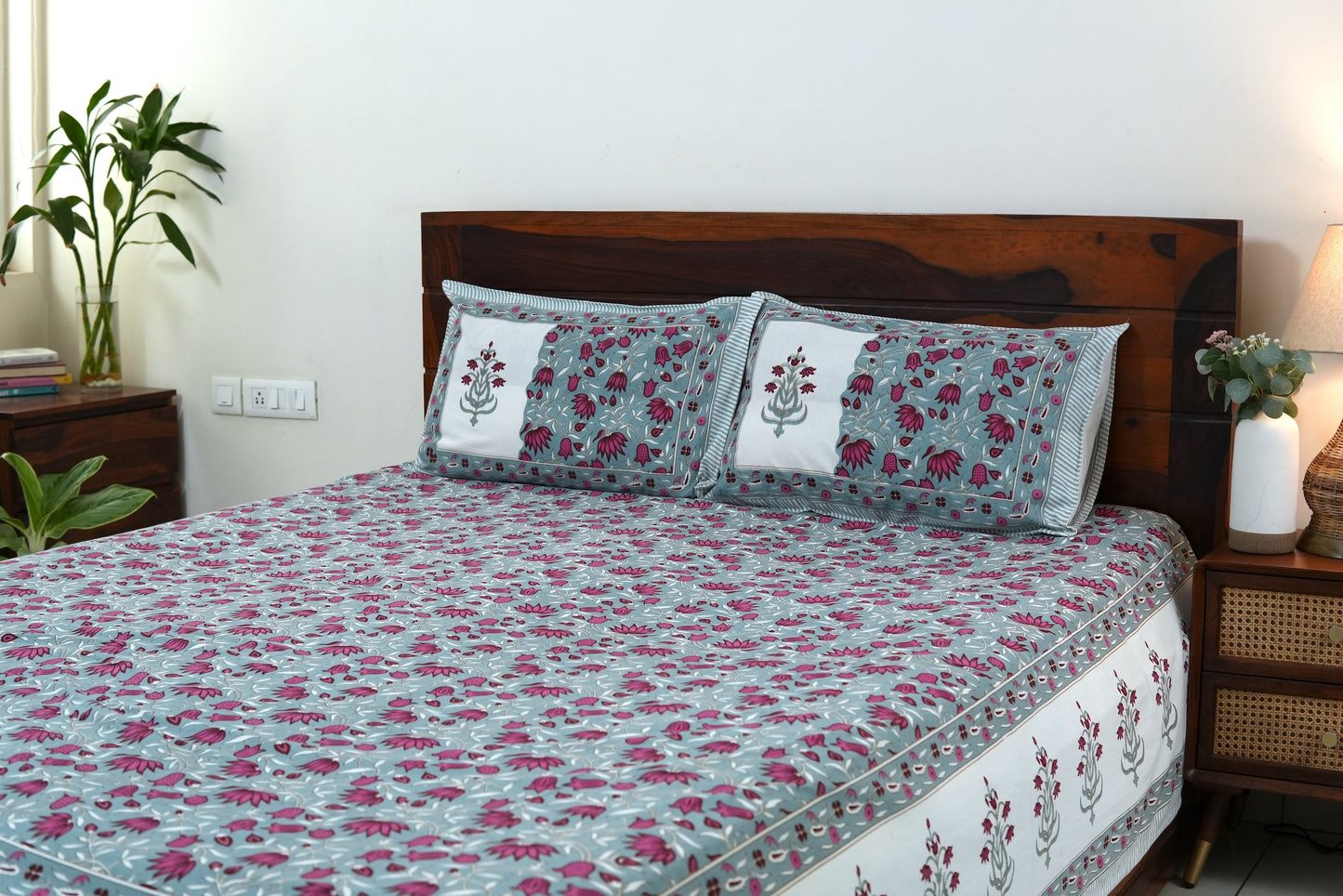 Lotuses on grey - Pure cotton King / Queen size double bedsheet