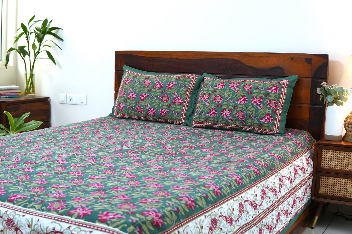 Dense forest with floral border - Pure cotton King / Queen size double bedsheet