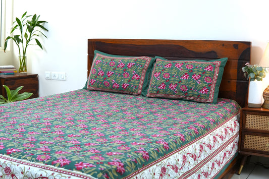 Dense forest with floral border - Pure cotton King / Queen size double bedsheet