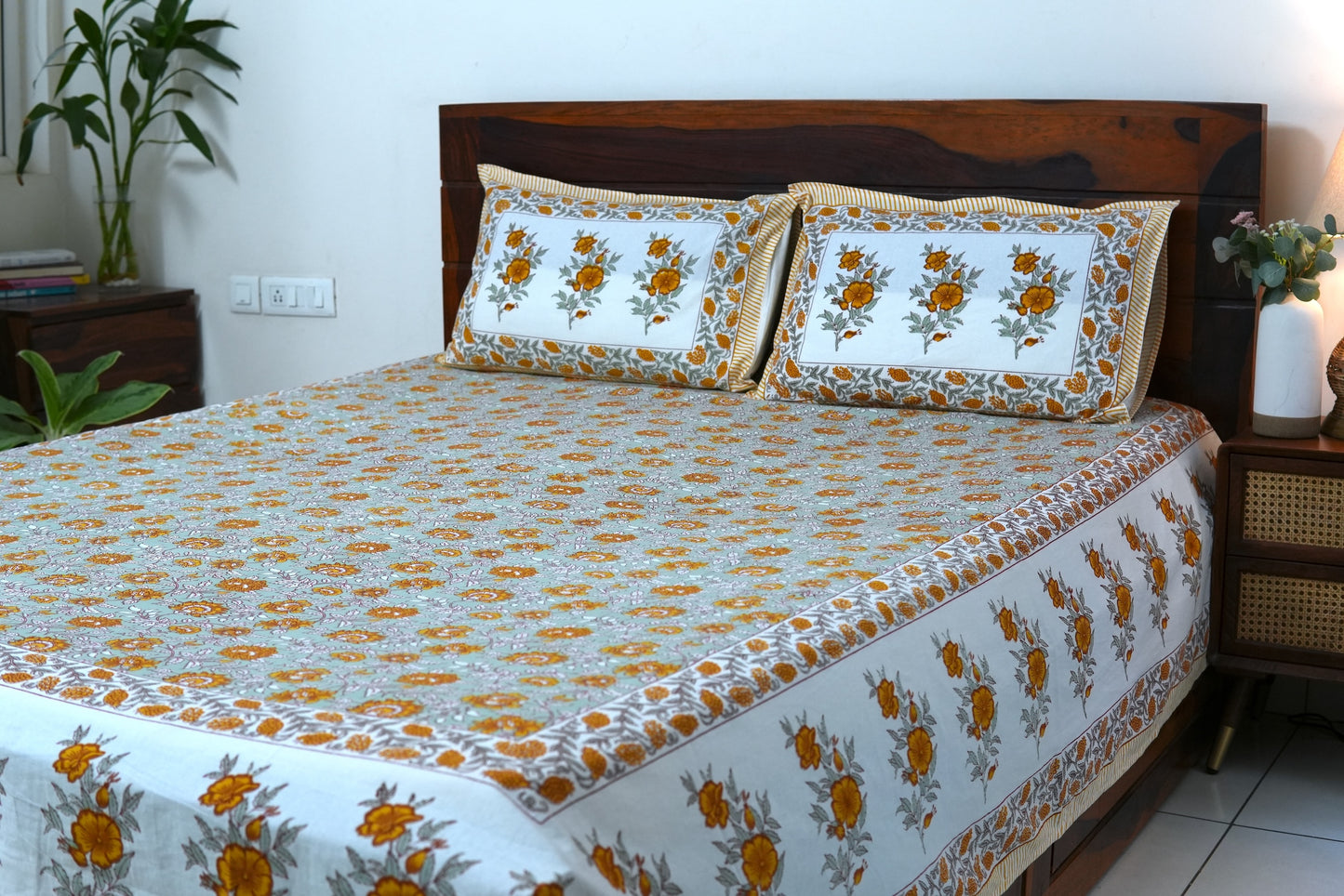 Mustard florals - Pure cotton King / Queen size double bedsheet