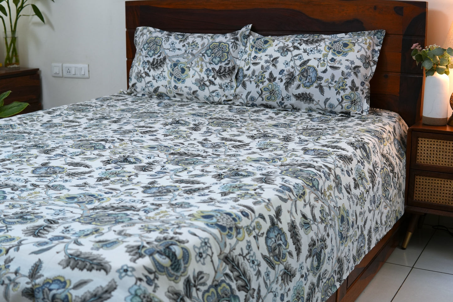 Blue blooms in overall print (Anokhi Print) - Pure cotton King / Queen size double bedsheet