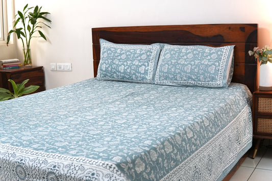 Grey florals - Pure cotton King / Queen size double bedsheet