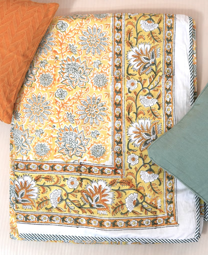 Yellow florals handblock printed pure mulmul dohar