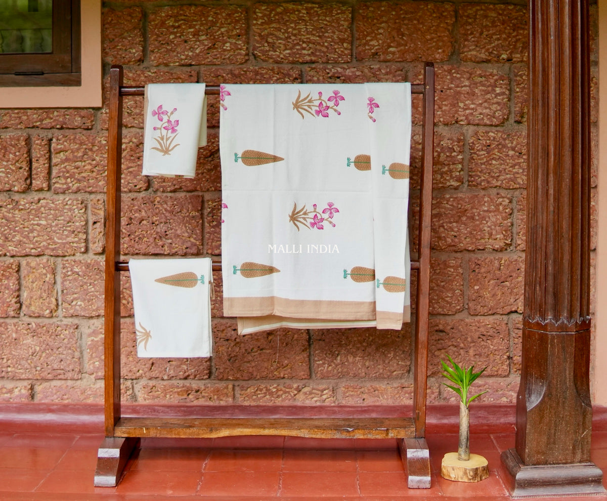 Pink Madhumalti Flowers & Brown Leaf Buta Handblock Printed - Waffle Cotton Towel Set of 3 (1 bath towel & 2 hand towels)