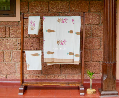 Pink Madhumalti Flowers & Brown Leaf Buta Handblock Printed - Waffle Cotton Towel Set of 3 (1 bath towel & 2 hand towels)