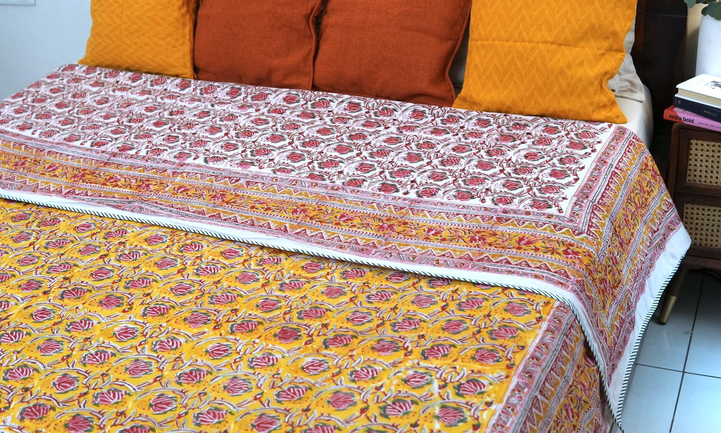 Pink bloom on yellow handblock printed pure mulmul dohar