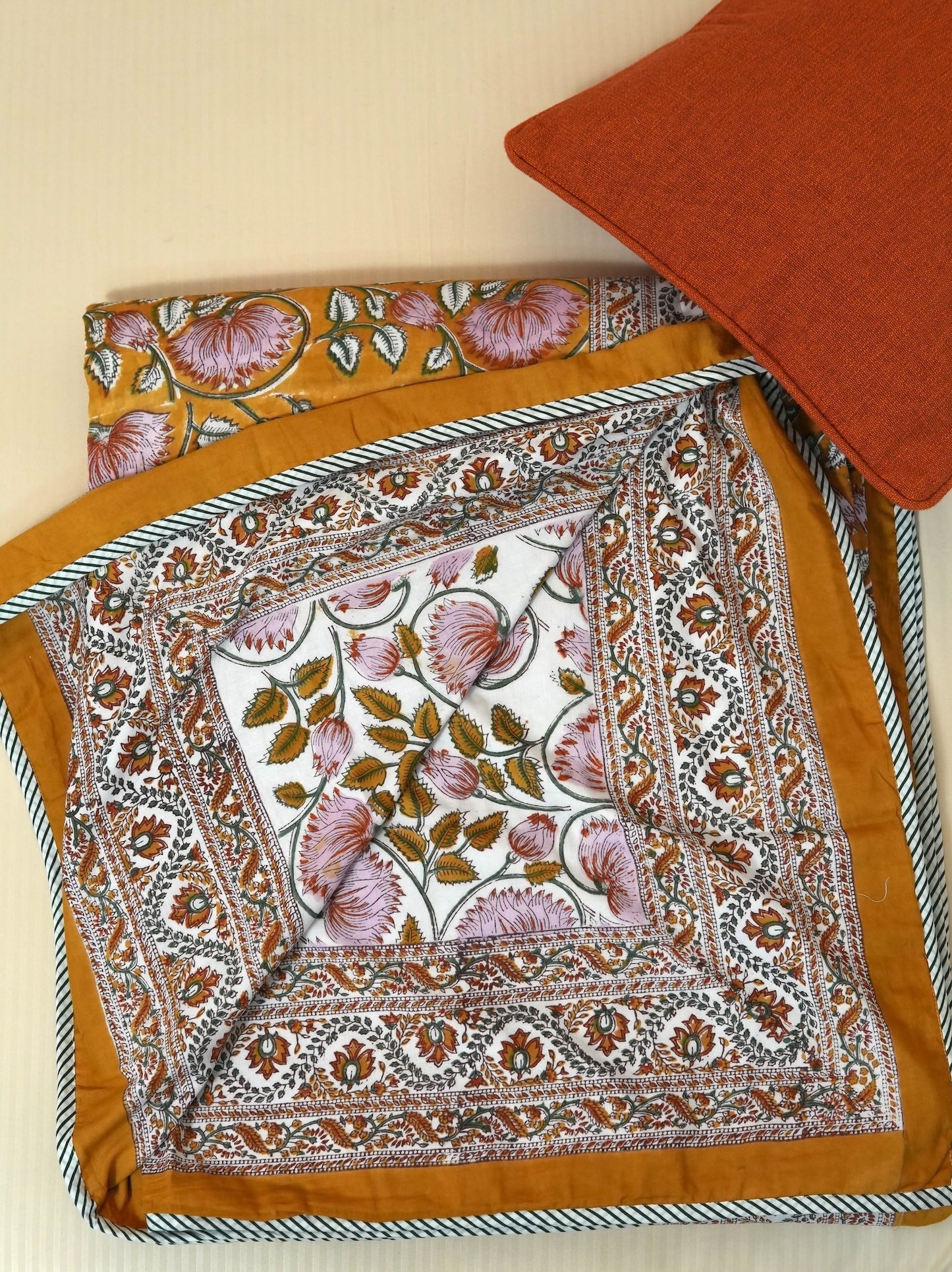 Lotus on mustard handblock printed pure mulmul dohar