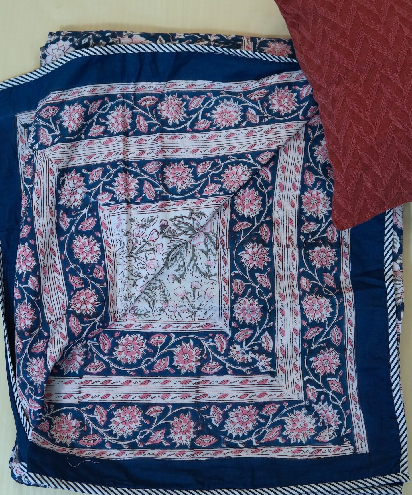 Pink on blue bloom handblock printed pure mulmul dohar
