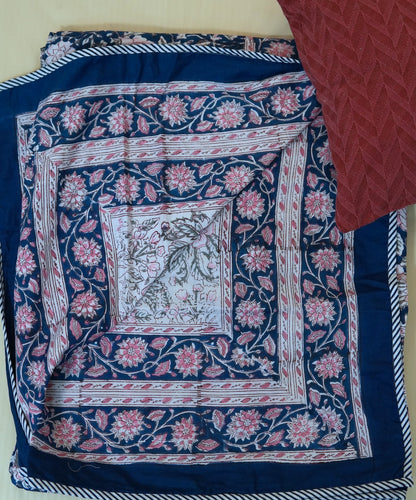 Pink on blue bloom handblock printed pure mulmul dohar