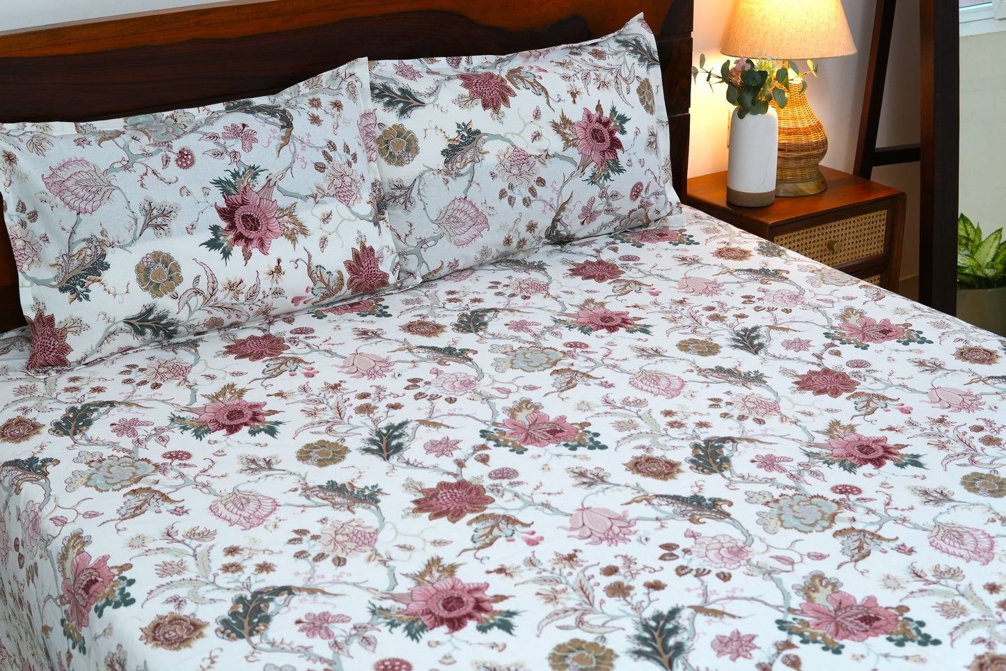 Pastel pink florals in overall print (Anokhi Print) - Pure cotton King / Queen size double bedsheet