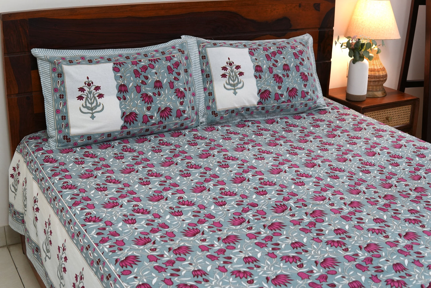 Lotuses on grey - Pure cotton King / Queen size double bedsheet