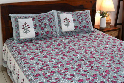 Lotuses on grey - Pure cotton King / Queen size double bedsheet