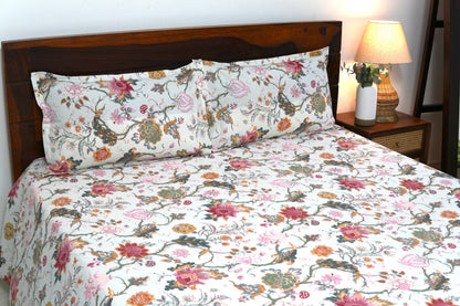 Colourful garden on cream base (Anokhi Print) - Pure cotton King / Queen size double bedsheet