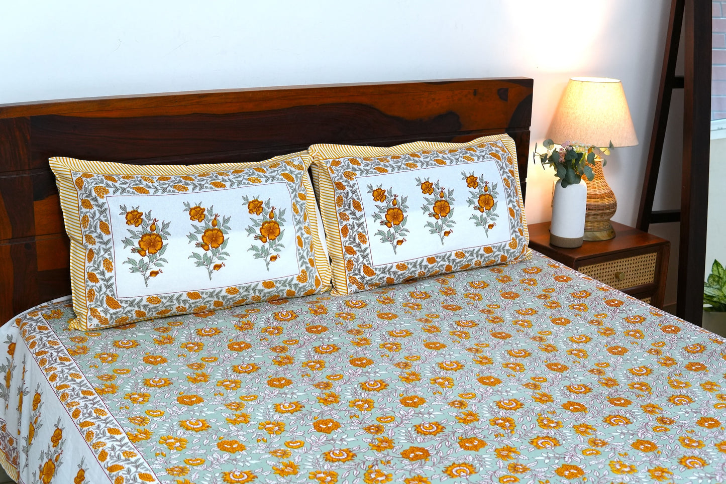 Mustard florals - Pure cotton King / Queen size double bedsheet
