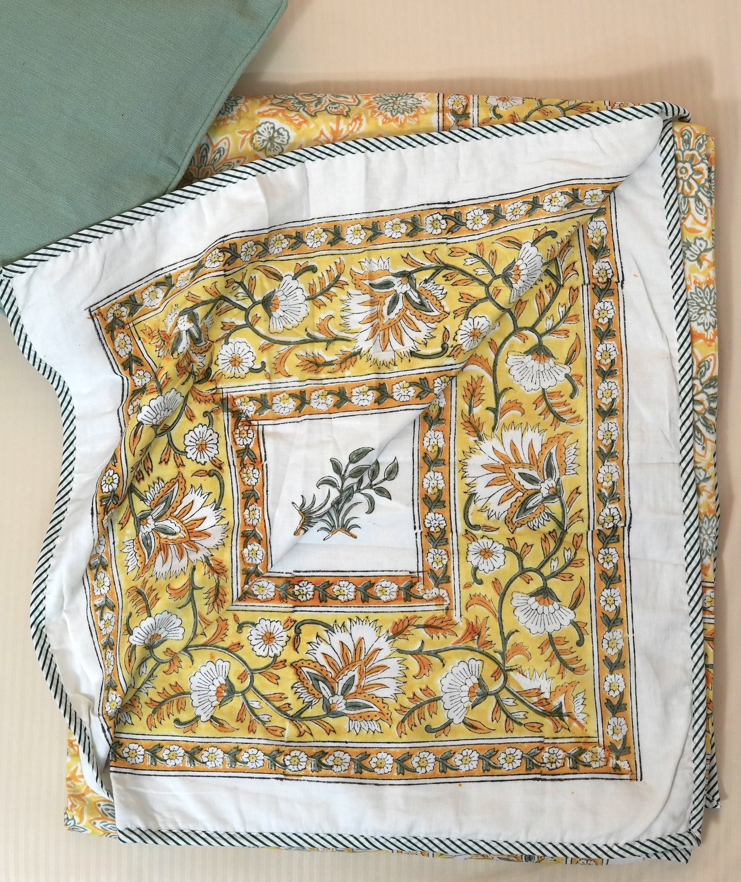 Yellow florals handblock printed pure mulmul dohar