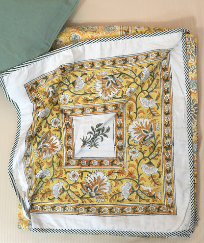 Yellow florals handblock printed pure mulmul dohar