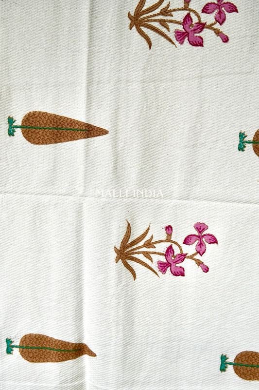 Pink Madhumalti Flowers & Brown Leaf Buta Handblock Printed - Waffle Cotton Towel Set of 3 (1 bath towel & 2 hand towels)