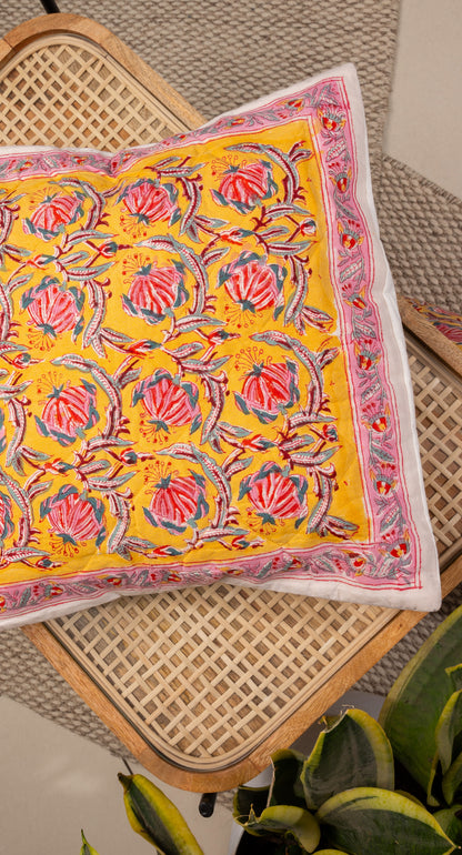 Pink bloom on yellow - Handblock printed quilted cushion cover