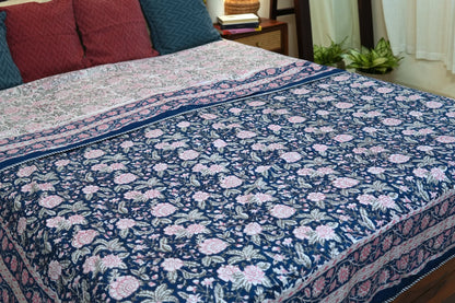 Pink on blue bloom handblock printed pure mulmul dohar