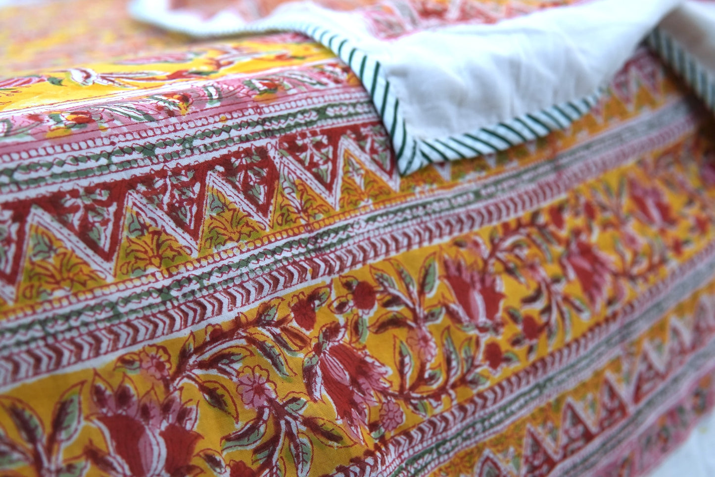 Pink bloom on yellow handblock printed pure mulmul dohar