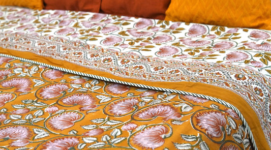 Lotus on mustard handblock printed pure mulmul dohar