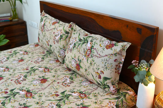 Tropical botanical gardens in overall print (Anokhi Print) - Pure cotton King / Queen size double bedsheet