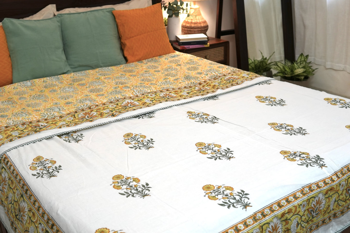Yellow florals handblock printed pure mulmul dohar