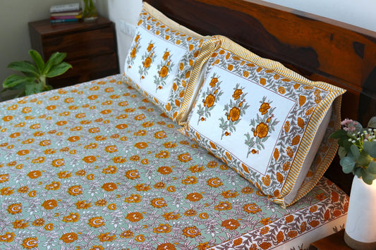 Mustard florals - Pure cotton King / Queen size double bedsheet