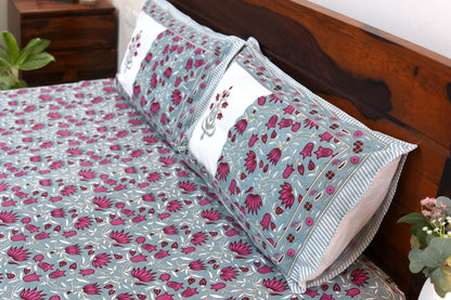 Lotuses on grey - Pure cotton King / Queen size double bedsheet