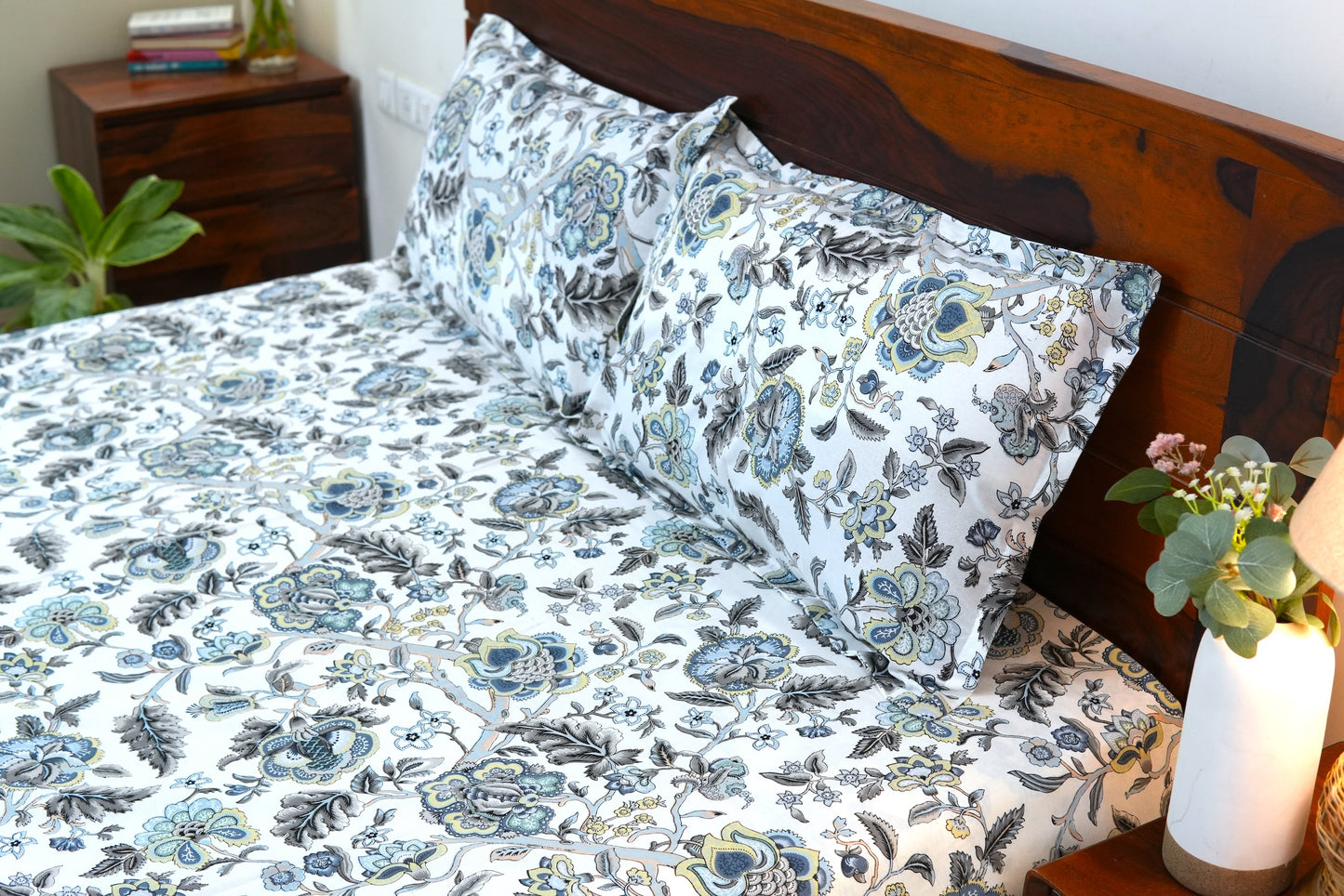 Blue blooms in overall print (Anokhi Print) - Pure cotton King / Queen size double bedsheet