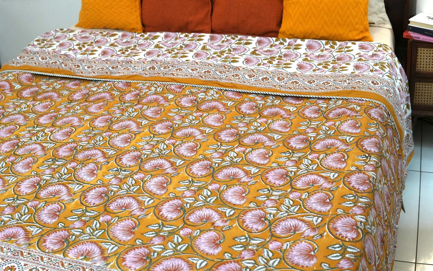 Lotus on mustard handblock printed pure mulmul dohar