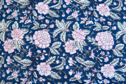 Pink on blue bloom handblock printed pure mulmul dohar