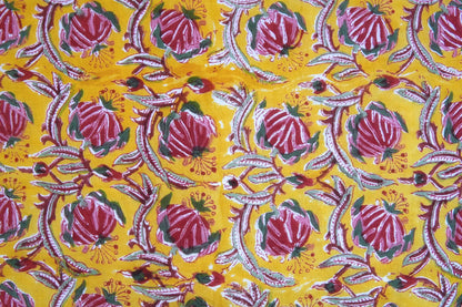 Pink bloom on yellow handblock printed pure mulmul dohar