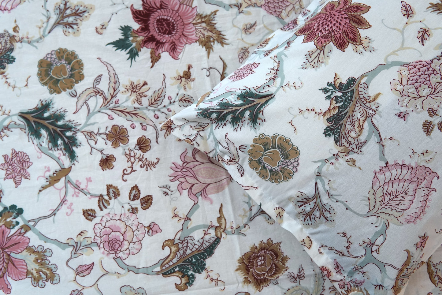 Pastel pink florals in overall print (Anokhi Print) - Pure cotton King / Queen size double bedsheet