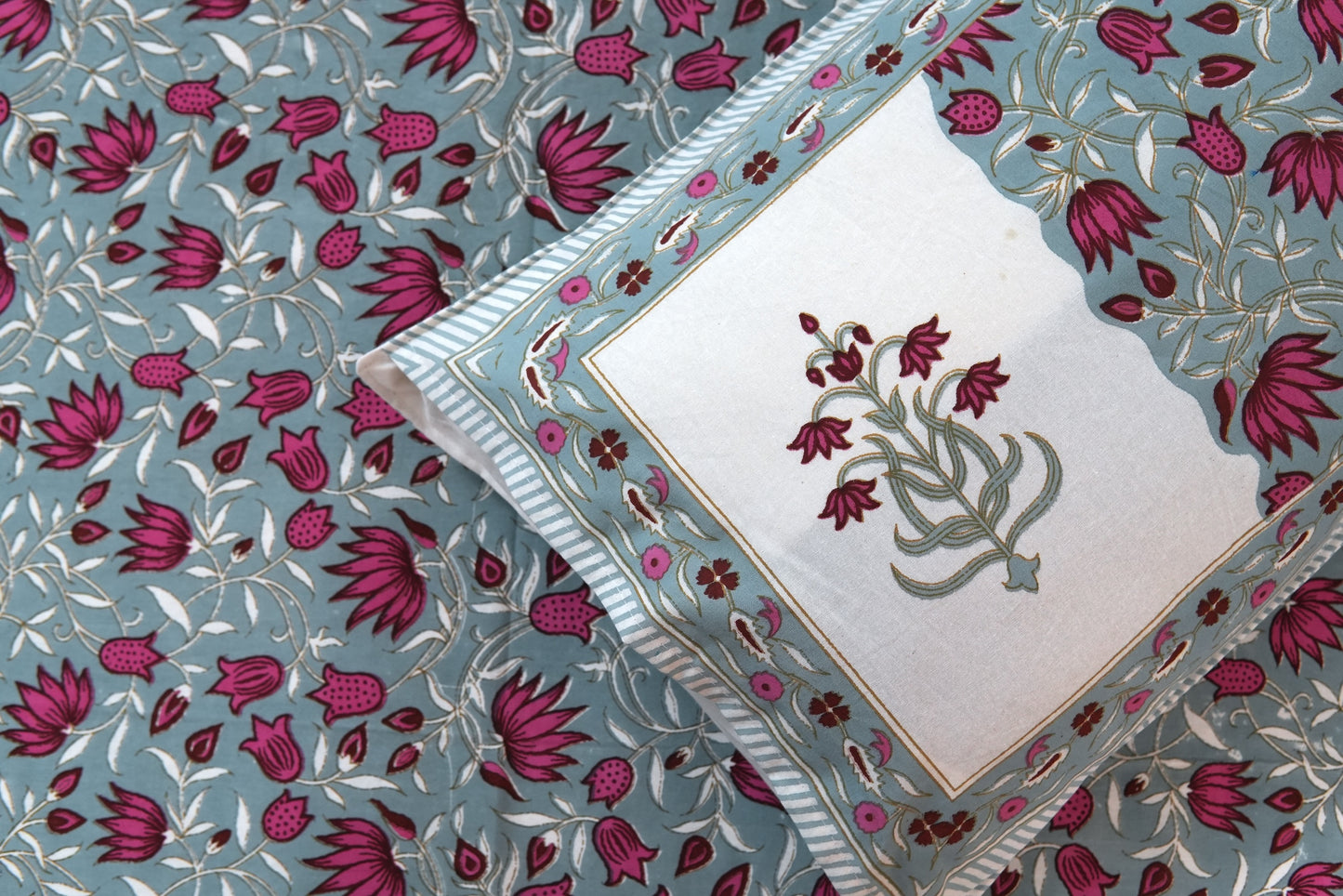 Lotuses on grey - Pure cotton King / Queen size double bedsheet